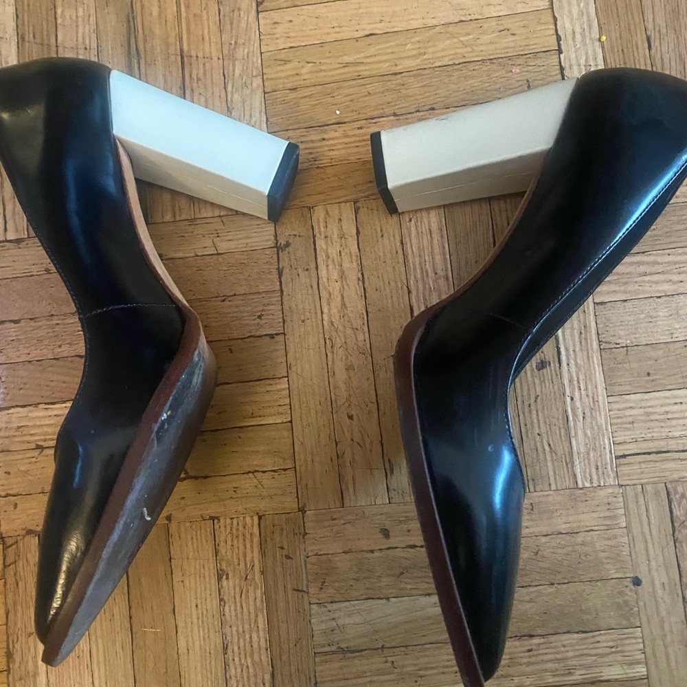 High fashion ladies black & white leather heels